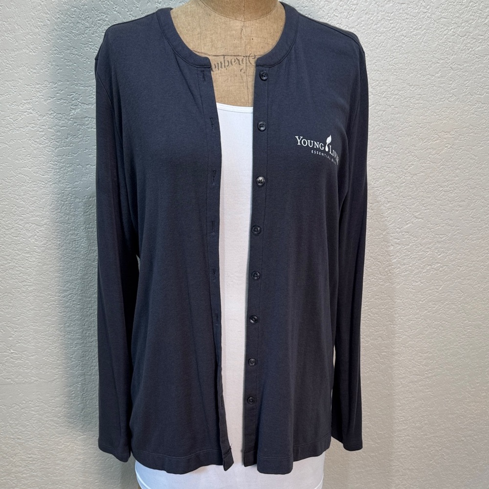 Young Living Women's Large Gray Essential Oils‎ Button Up Long Sleeve Cardigan